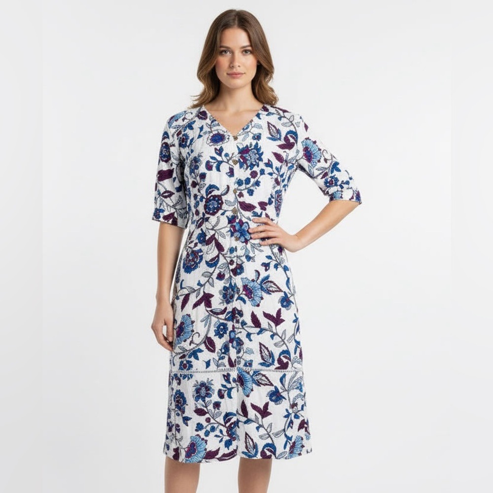 Liz Claiborne White Midi Dress with Blue & Burgundy Floral Print - Picture 3 of 7